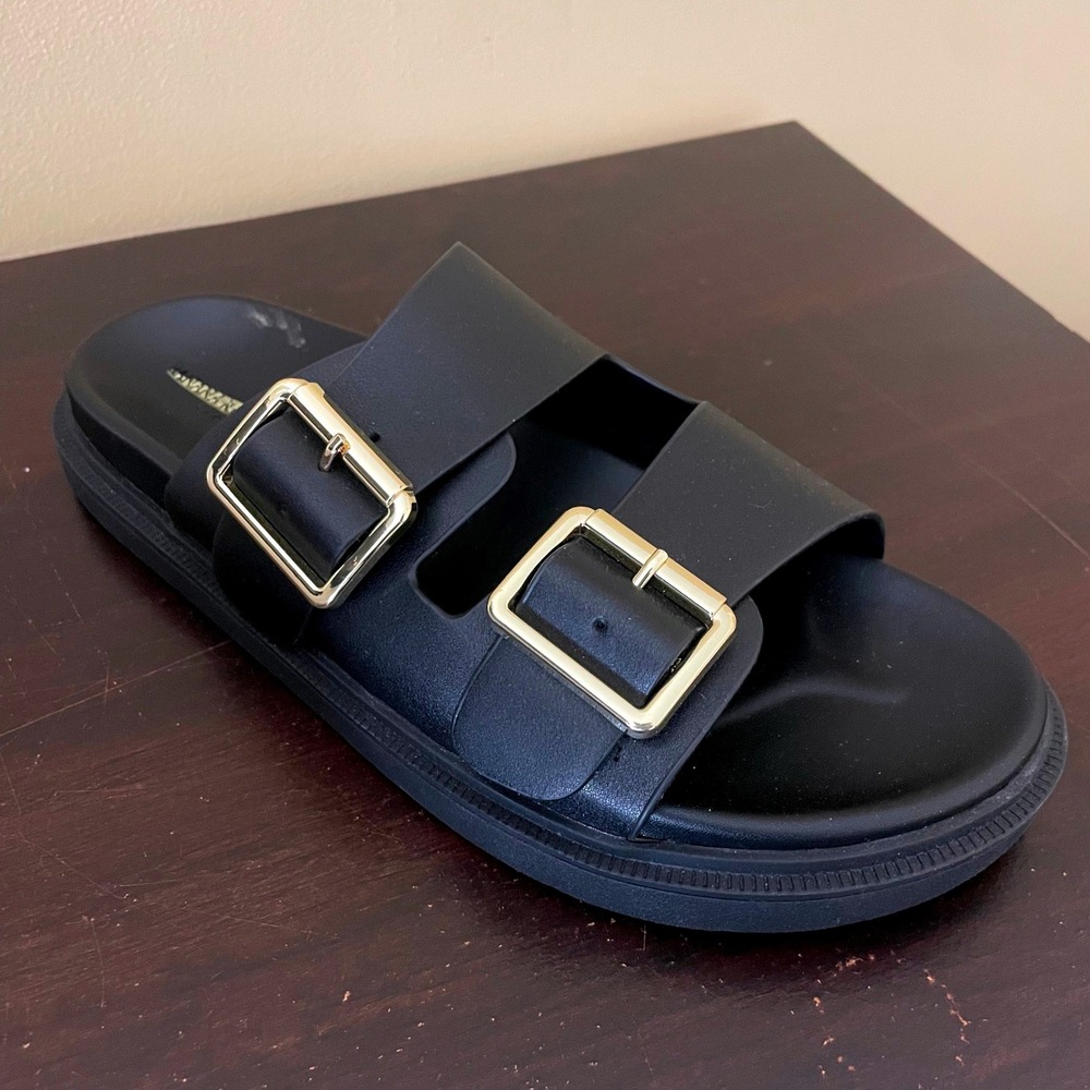 Banana Republic Womens Black Double Buckle Slide Sandals Gold Hardware Size 8 - Picture 2 of 9